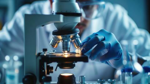 A scientist wearing protective gear and gloves examines a sample under a microscope in a laboratory, with lab equipment and test tubes visible in the background.